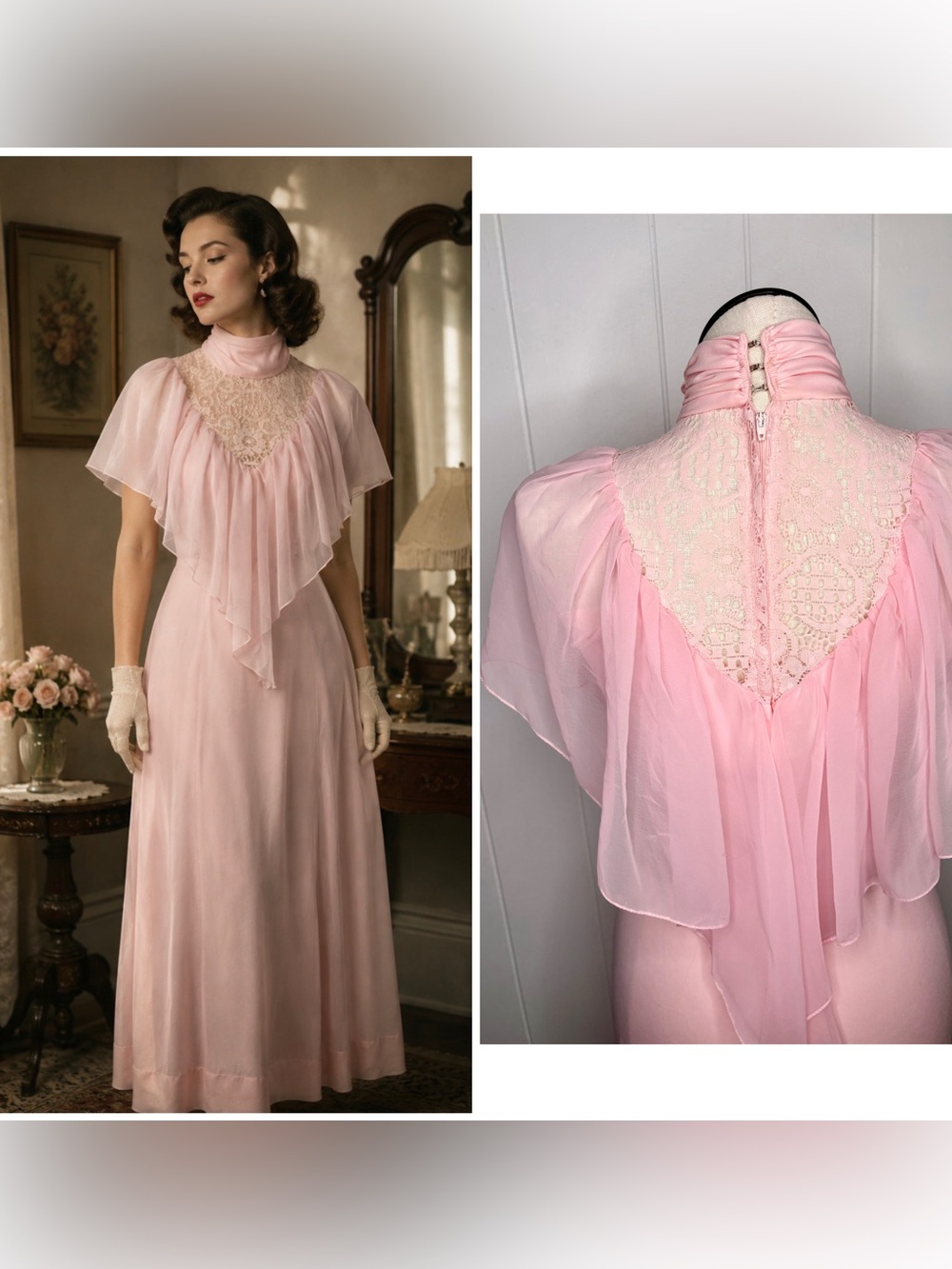 VINTAGE 1970s Flutter Pink Maxi Dress Lace Romantic Union Made Cottagecore 70’s